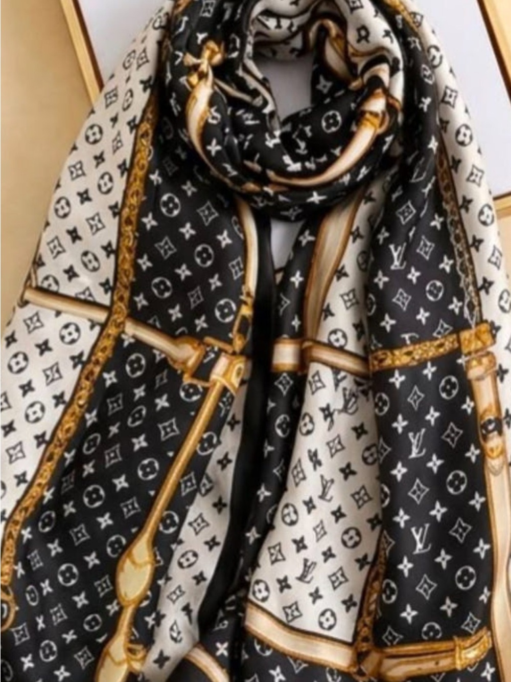 Silk Black & White Monogram Scarf with Gold Accents